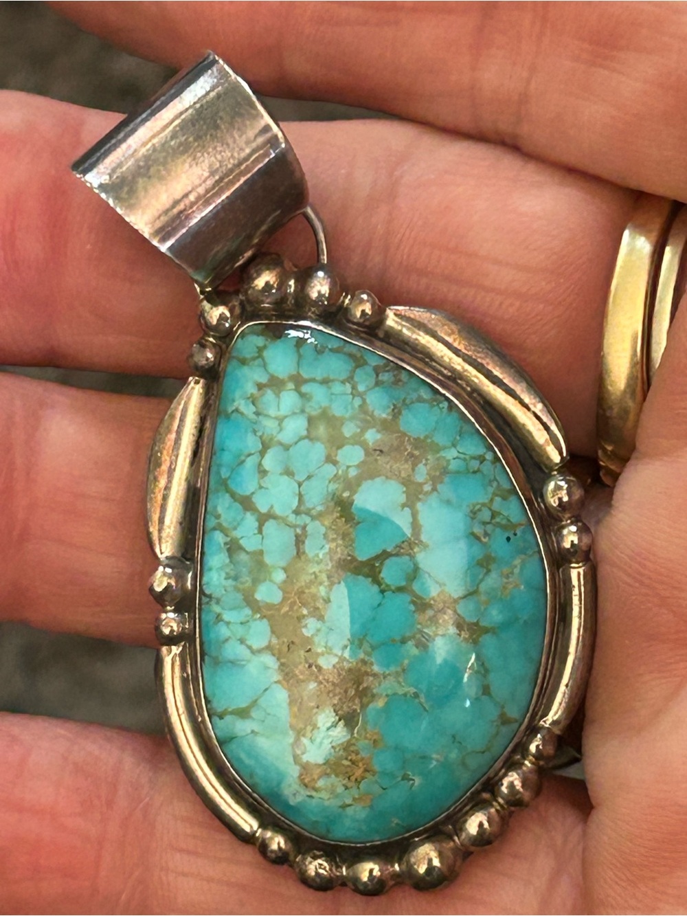 Native Number 8 Turquoise Sterling Silver Pendant Signed RF Rosalina Francisco